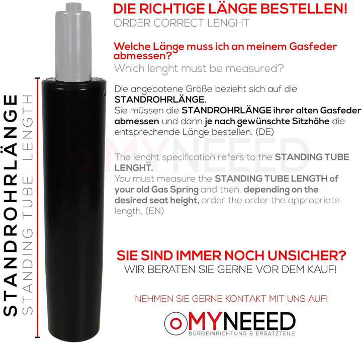 MYNEEED Gasfeder für Bürostuhl - Gasdruckfeder Belastbar bis 200 kg - Gasdruckdämpfer für Drehstuhl,