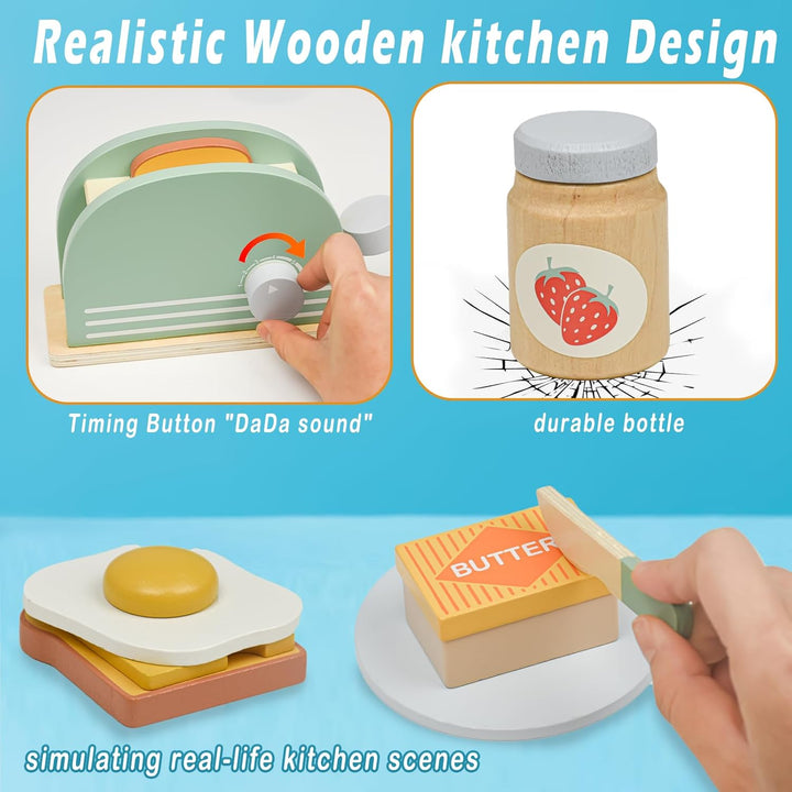 Hölzernes Küchenspielzeug, Hyacinthy hölzerner Toaster mit Holzbrot und Butter, Spielküche für Kinde