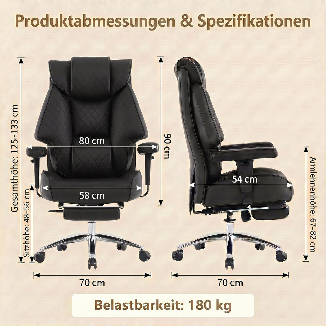 EXCEBET XXL Chefsessel bis 180kg Belastbar, Ergonomischer Bürostuhl mit Taschenfederkern, Breiter Dr