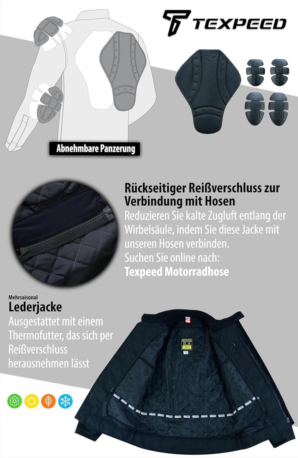 Texpeed Motorrad lederjacke herren mit protektoren - Braun Winter/Sommer Gesteppt echtleder Bikerjac