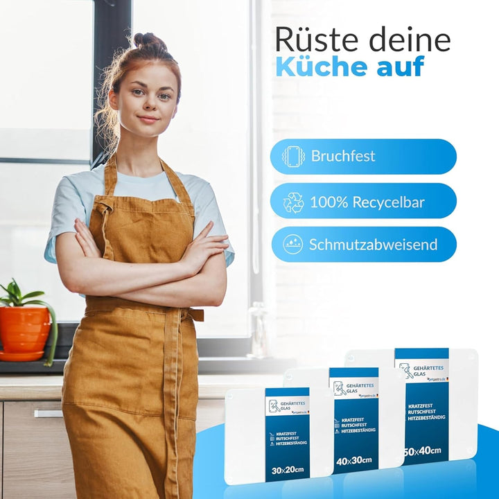 Schneidebrett Glas 50x40, rutschfest mit Füsse, Glasschneidebrett ohne Mikroplastik, hygienisches Kü