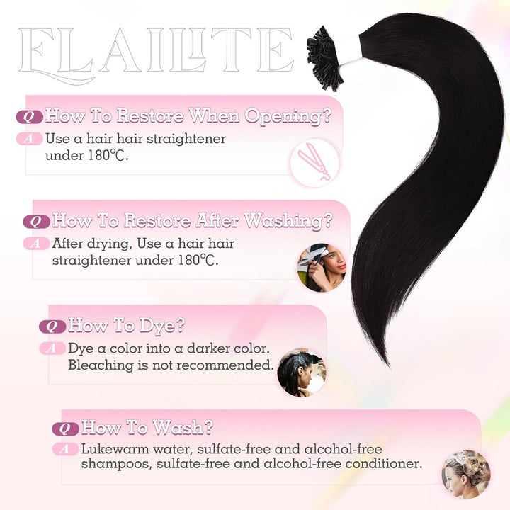 Elailite Bondings Extensions Echthaar Haarverlängerung Schwarz U-tip Keratin Haar Extension Glatt 25