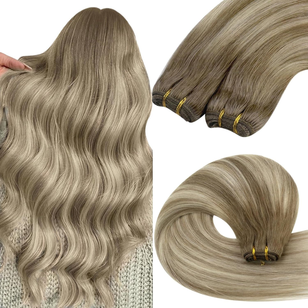 YoungSee Echthaar Tressen zum Einnahen Ombre Tressen Echthaar Braun Ombre Blond Weft Extensions Echt