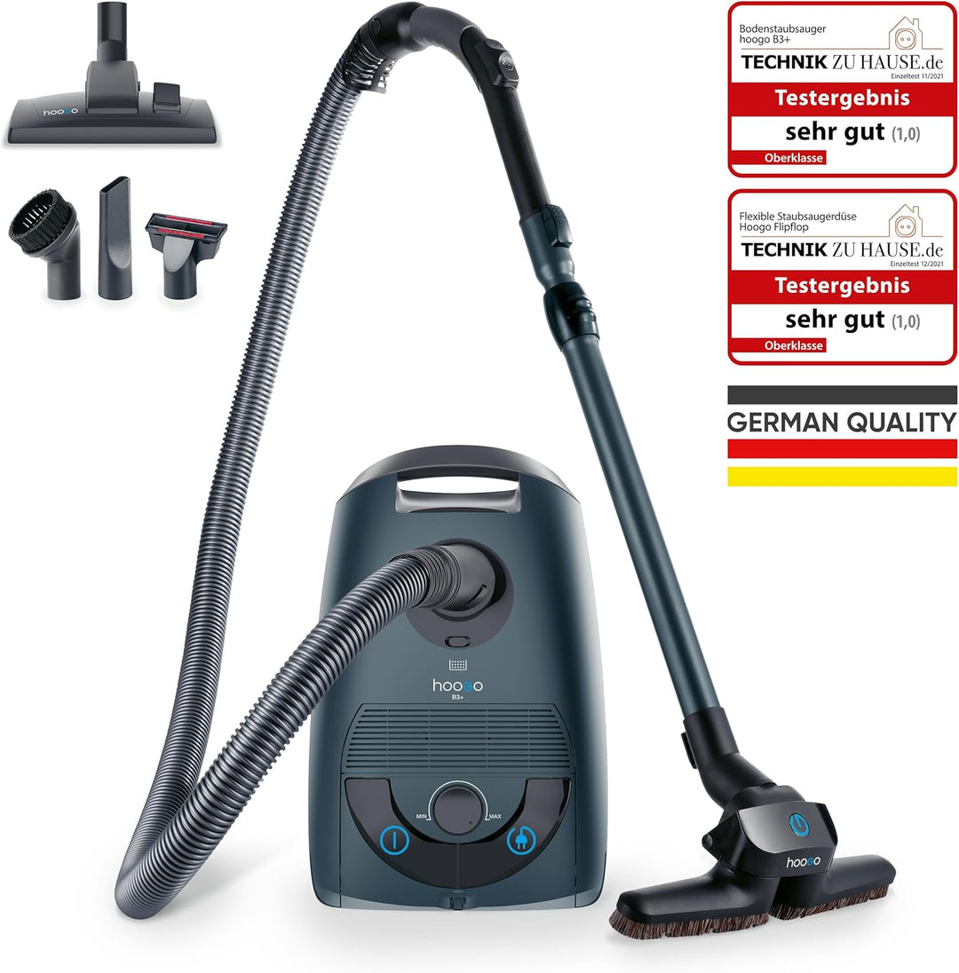 hoogo B3+ anthrazit mit Flipflop Bodendüse | Staubsauger mit Beutel | Starke 850 W Saugleistung | HE