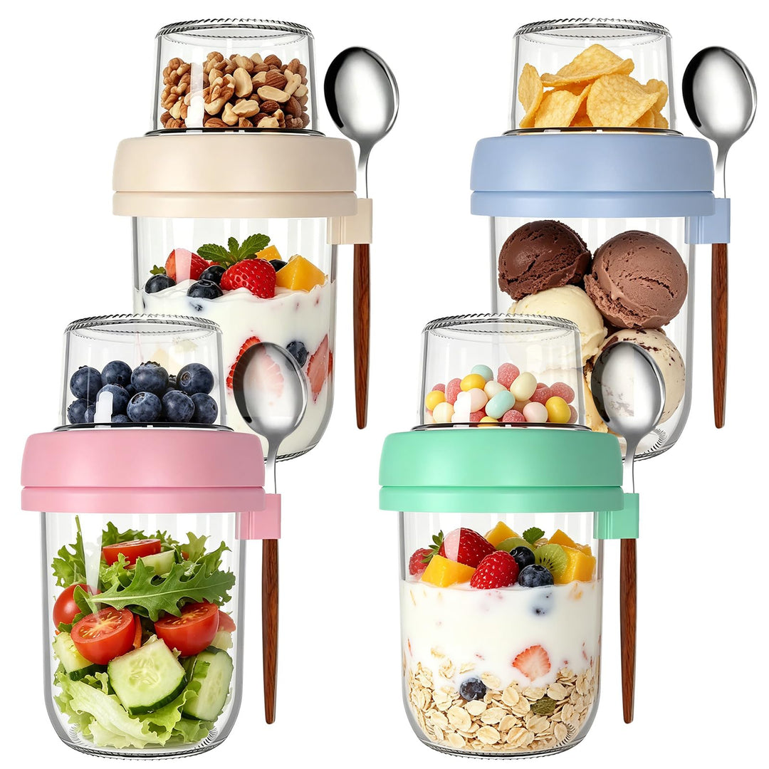 CEWROM 4er Set Müslibecher to Go,480 ml Haferglas mit Deckel, Doppelwandiger Glasbehälter mit Deckel