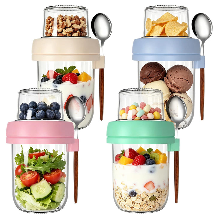 CEWROM 4er Set Müslibecher to Go,480 ml Haferglas mit Deckel, Doppelwandiger Glasbehälter mit Deckel