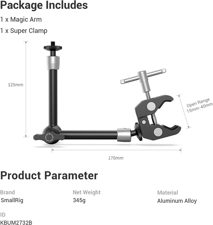 SmallRig Klemme mit 0,64 cm und 0,95 cm Gewinde und 24,8 cm verstellbarer Reibungsarm; Magischer Arm