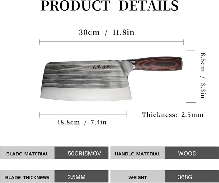 TJ POP Hackmesser Chinesisches Kochmesser Professionelles 18.8cm, Scharfer Fleischerbeil, 50CR15 Sta