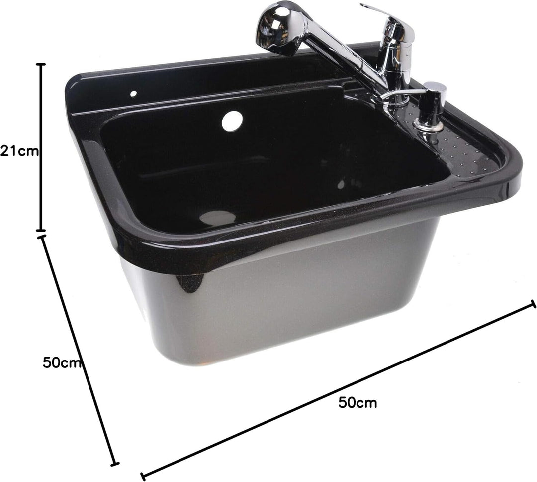Set Ausgussbecken 50cm Waschbecken Schwarz inkl. Ausziehbare Einhandmischer