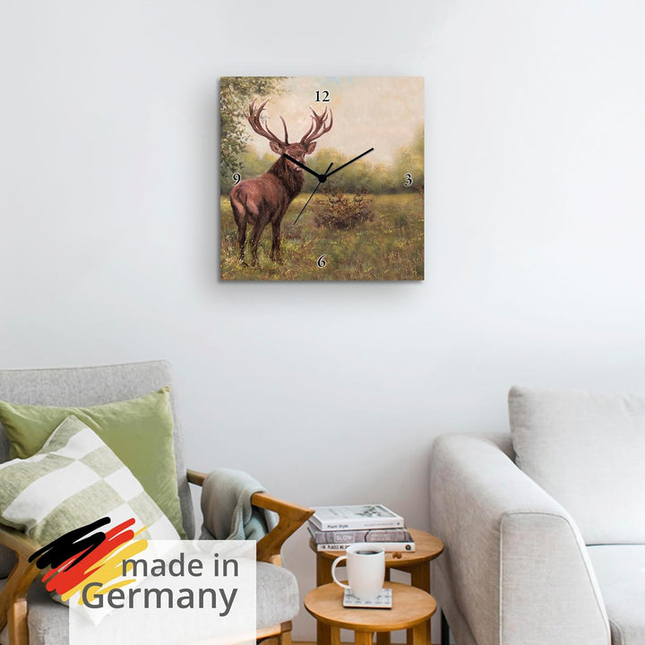 ARTLAND Wanduhr ohne Tickgeräusche Alu Funkuhr 30x30 cm Quadratisch Lautlos Hirsch Tiere Wald Rustik