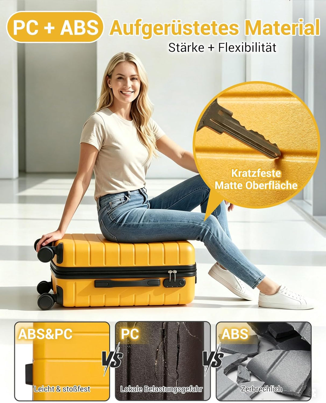 Handgepäck Koffer 55x40x20cm, Leichter ABS+PC Reisekoffer für Flugzeug, Ryanair Trolley mit 4 Rollen