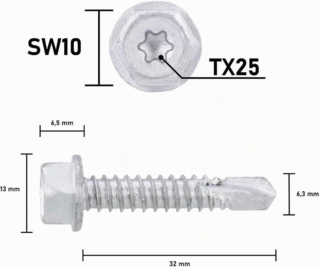 Sechskant-Bohrschraube SW10 + TX25, Zinklammellenbeschichtung, Unterkopf-Sperrverzahnung, 6.3x32 mm,