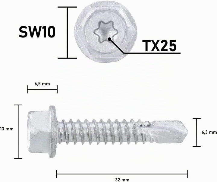 Sechskant-Bohrschraube SW10 + TX25, Zinklammellenbeschichtung, Unterkopf-Sperrverzahnung, 6.3x32 mm,