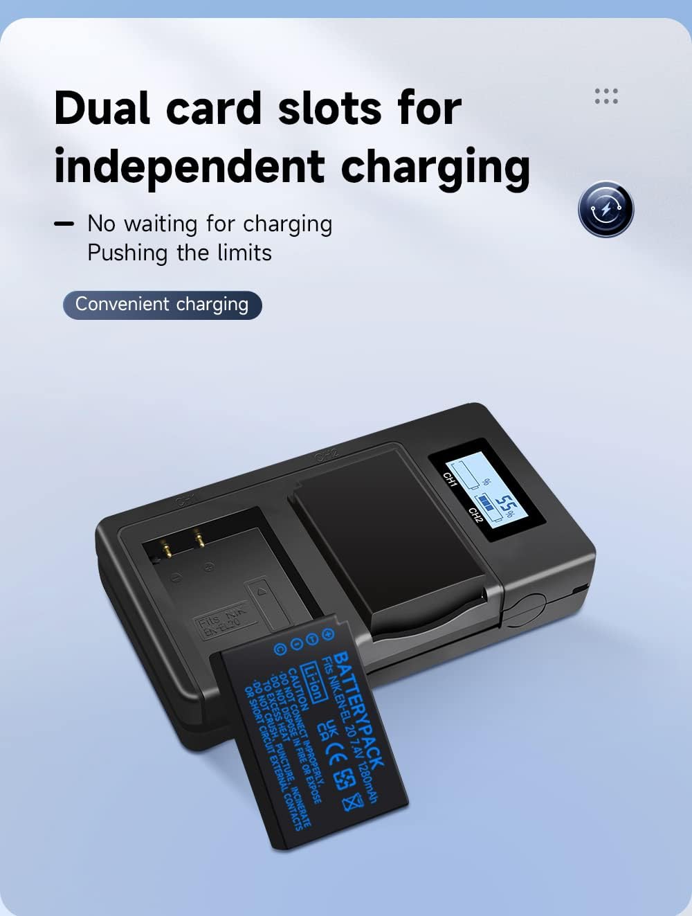 2 Stück EN-EL20 EN-EL20a Akkus und Smart LCD Display Dual USB Ladegerät für Nikon Coolpix P950, P100