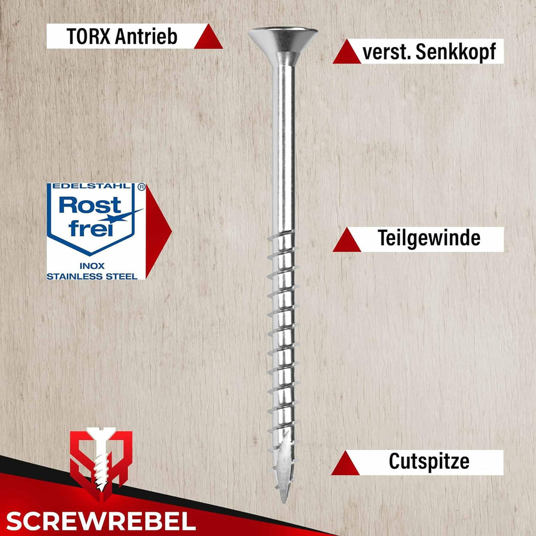 SCREW REBEL Spanplattenschraube Edelstahl A2, 8 x 140 mm - 100 Stück, TX40, Teilgewinde, Cut-Spitze,