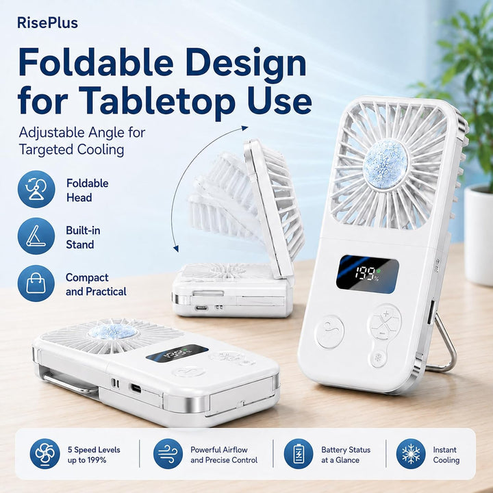 Handventilator mit Kühlplatte, Tragbarer Mini Ventilator Akku mit 5 Windstufen, Digitalanzeige &amp; USB