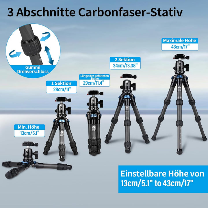 SIRUI AM223 Mini Camera Tripod Stativ,Klein Reisestativ Kamerastativ,Carbon Kamera Ministativ Tischs