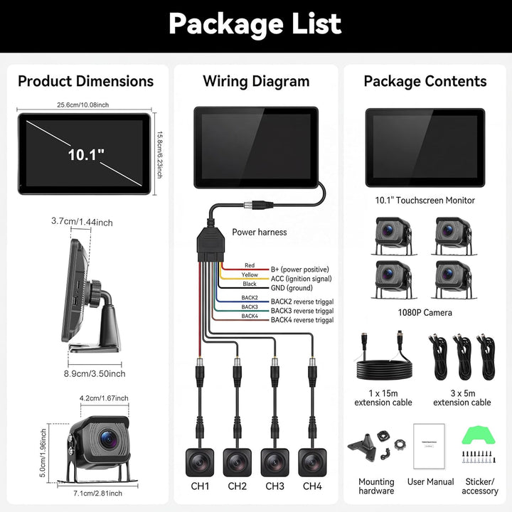 CAMECHO Rückfahrkamera 4 Kameras Set 10,1" IPS HD Monitor 4 Geteilte Rück und Vorder Kamera Weitwink