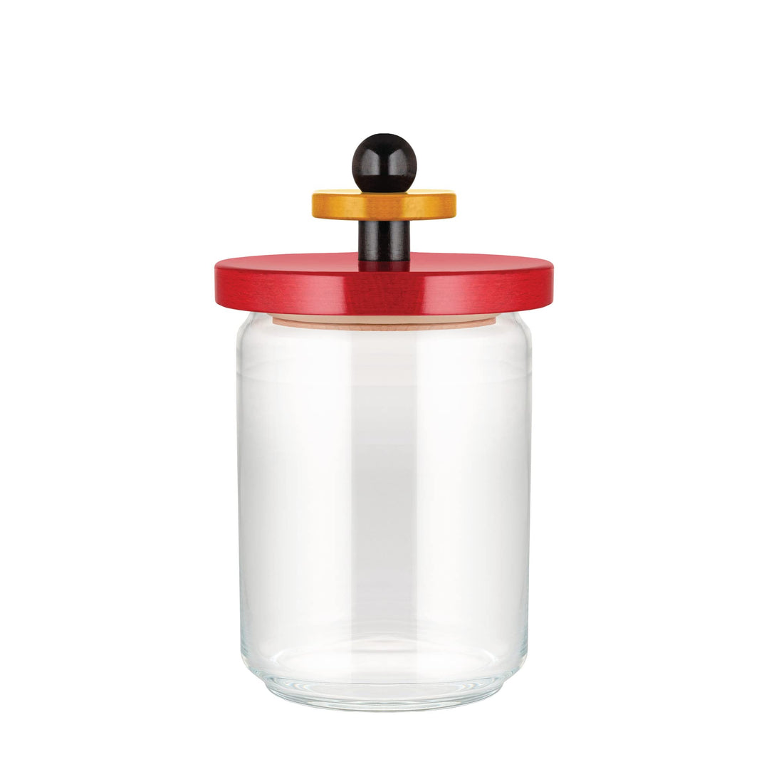 Alessi ES16/100 Küchendose aus Glas mit abgedichtetem Deckel aus Buchenholz, rot, schwarz und gelb 1
