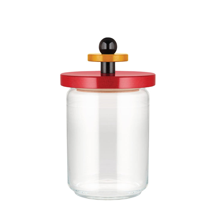Alessi ES16/100 Küchendose aus Glas mit abgedichtetem Deckel aus Buchenholz, rot, schwarz und gelb 1