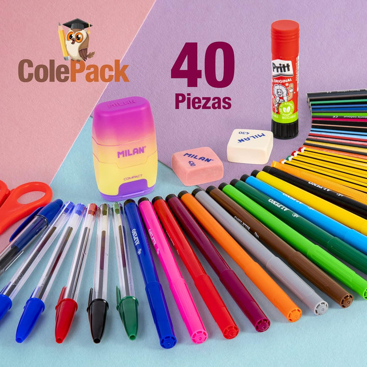 ColePack Design - Set aus Dreifach-Schulmappe mit 3 Reissverschlüssen und Schulbedarf der Top-Marken
