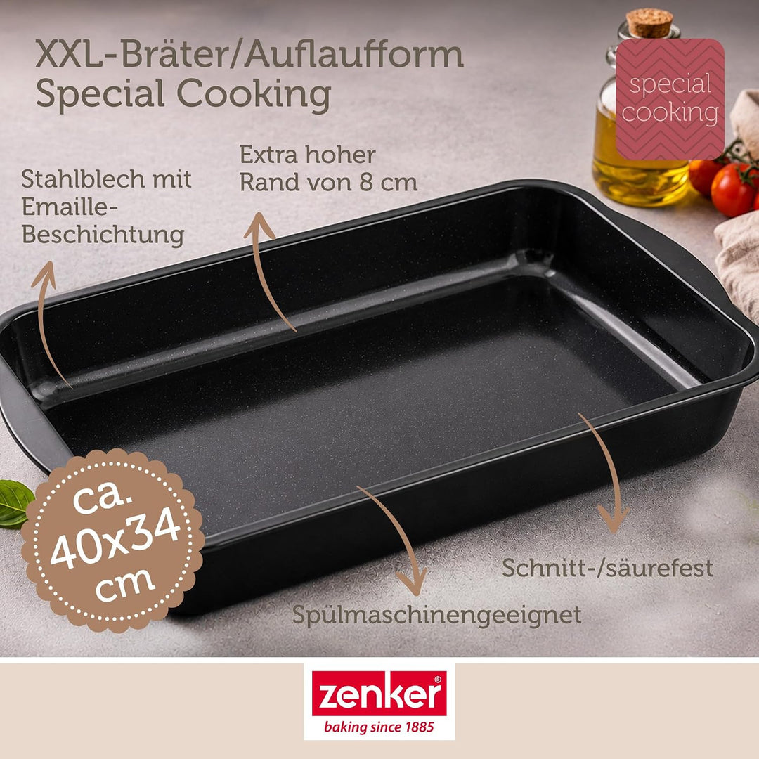 Zenker XXL Bräter Emaille (40 x 8 x 34 cm) SPECIAL COOKING, rechteckige Ofenform mit Emaille-Versieg