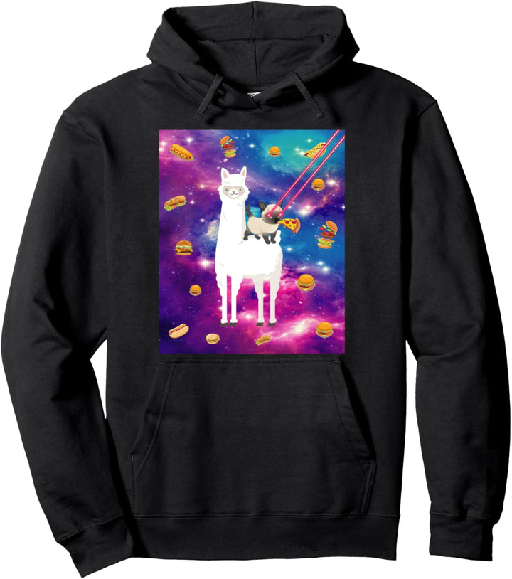 Laser Eye Cats in Space Llama-Katze, esst Pizza und Burger Pullover Hoodie