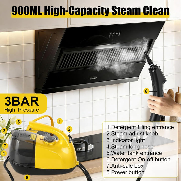 Dampfreiniger, 1800W Tragbarer Dampfreiniger Boden mit 900-ml-Tank, 15 Zubehörteile, Handdampfreinig