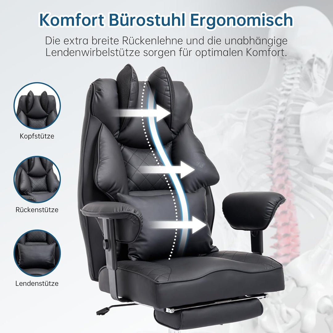 Ergonomischer Bürostuhl 200kg, Chefsessel mit Fussstütze, Schreibtischstuhl mit Lendenkissen, Bequem