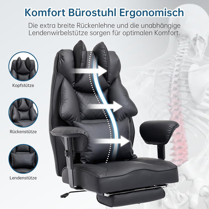 Ergonomischer Bürostuhl 200kg, Chefsessel mit Fussstütze, Schreibtischstuhl mit Lendenkissen, Bequem