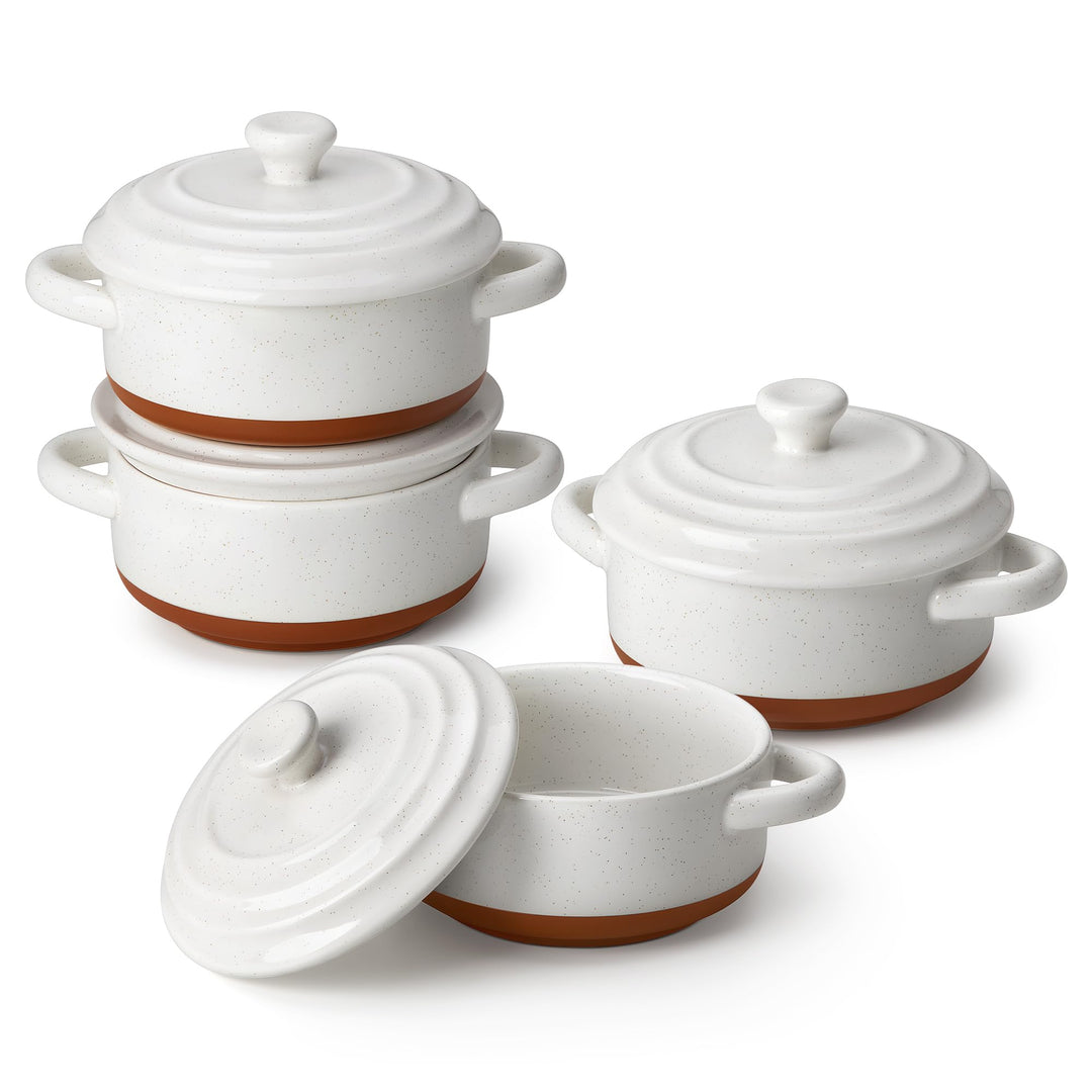 MALACASA Mini Cocotte Set 440 ml, 4 Stück Auflaufform Klein aus Steingut mit Deckel und Griffen, Kle