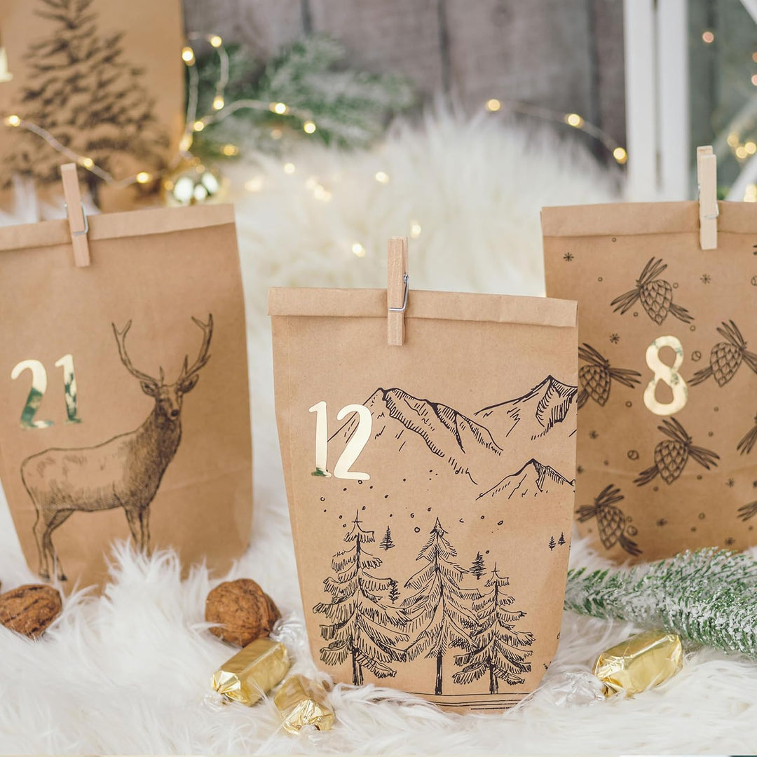 Papierdrachen Adventskalender 2025 zum Befüllen - 24 bedruckte Papiertüten mit Zahlenaufklebern & Kl