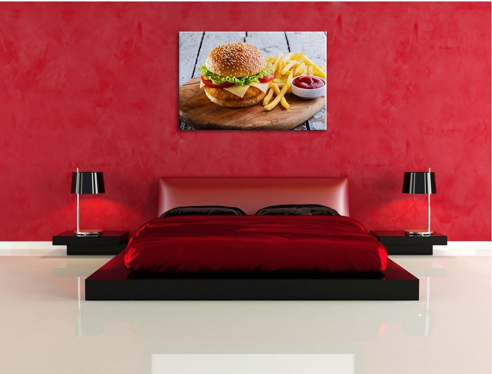 Chickenburger mit Pommes, Format: 100x70 auf Leinwand, XXL riesige Bilder fertig gerahmt mit Keilrah