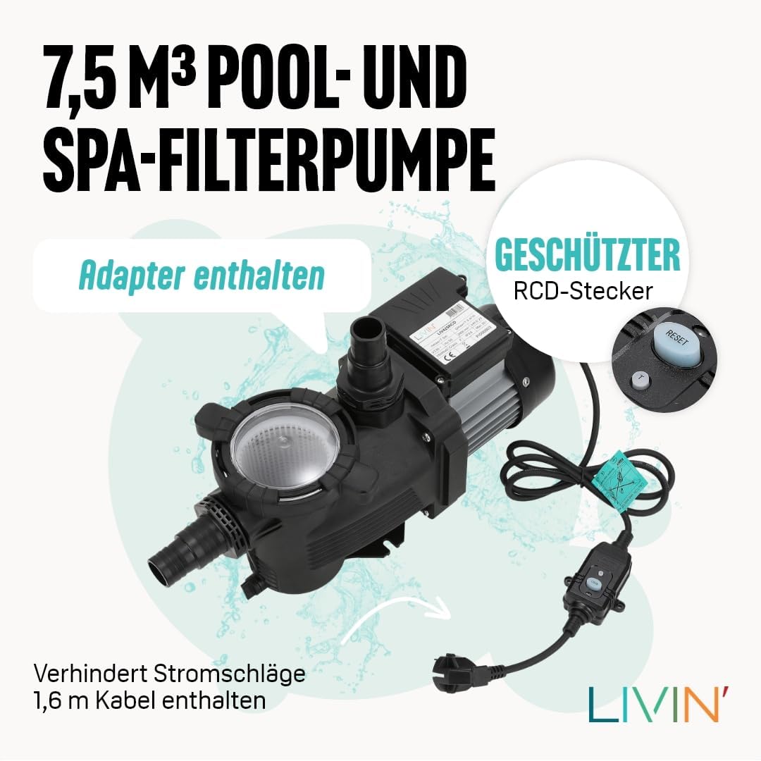 LIVIN' Poolpumpe 250W - Schwimmbad Schmutzwasserpumpe Poolfilter im Pool Zubehör mit 7.5m Hmax- CH-l