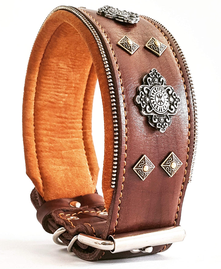 Bestia™ "Aztec Echtleder Hundehalsband für grosse Hunde. 100% Leder. Weich gepolstert. 6,3 cm breit.