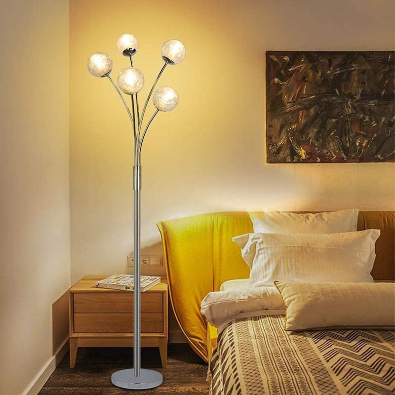 Depuley LED Stehlampe 5 Flammig Stehleuchte Wohnzimmer, Modern Stehlampe Schlafzimmer mit Glas Kugel