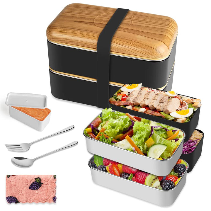 Bento Box im japanischen Stil 2-stufige Lunchbox mit 2 Stück umweltfreundlichem PP-Behälter und Edel