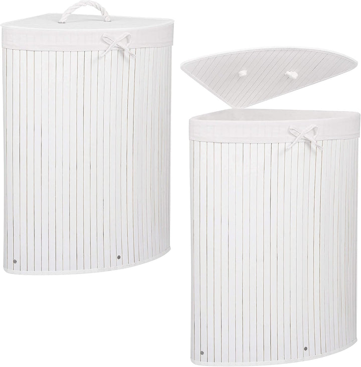 SPRINGOS Eckwäschekorb, Wäschesammler mit Deckel, 73 L, Wäschetonne, Bambus, platzsparend, Badeinric