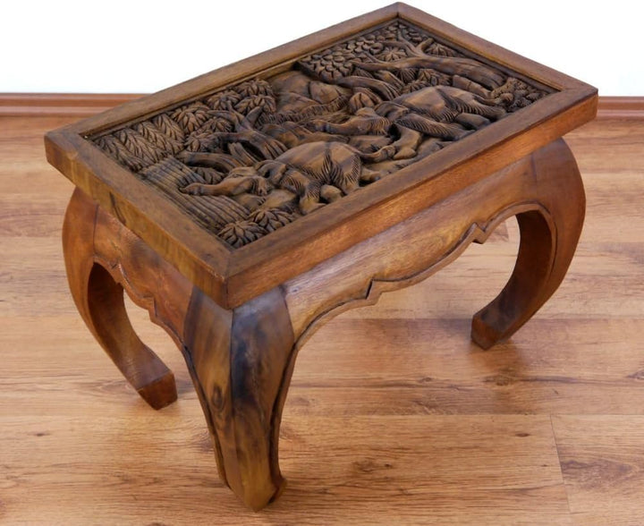 livasia Opiumtisch mit Schnitzerei, Couchtisch, Beistelltisch, Sofatisch, nachhaltig und handgeferti