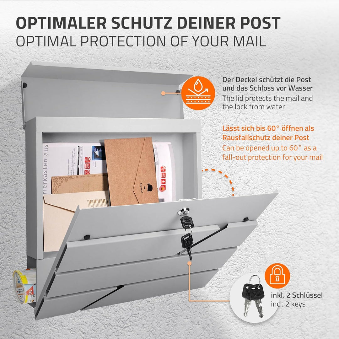ECD Germany Briefkasten mit Zeitungsfach, Hellgrau, 37x11x37 cm, aus Edelstahl pulverbeschichtet, in