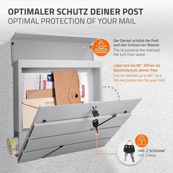 ECD Germany Briefkasten mit Zeitungsfach, Hellgrau, 37x11x37 cm, aus Edelstahl pulverbeschichtet, in