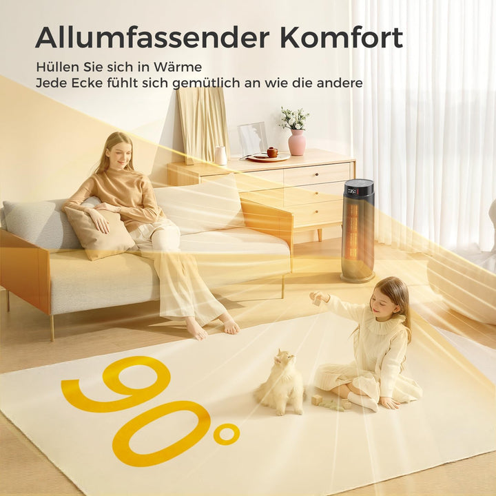 PTC Heizlüfter für Zuhause, Überhitzungs Kippschutz, Schwarz, 2000W | Thermostat, 90°-Oszillation fü