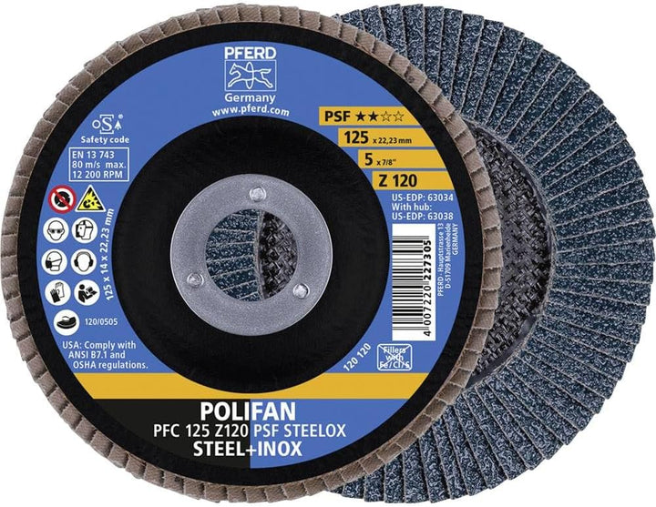 PFERD Fächerscheibe POLIFAN 5 Stück | Ø 125 mm, Z 120, konisch, PSF STEELOX | 69398195 – für Stahl u