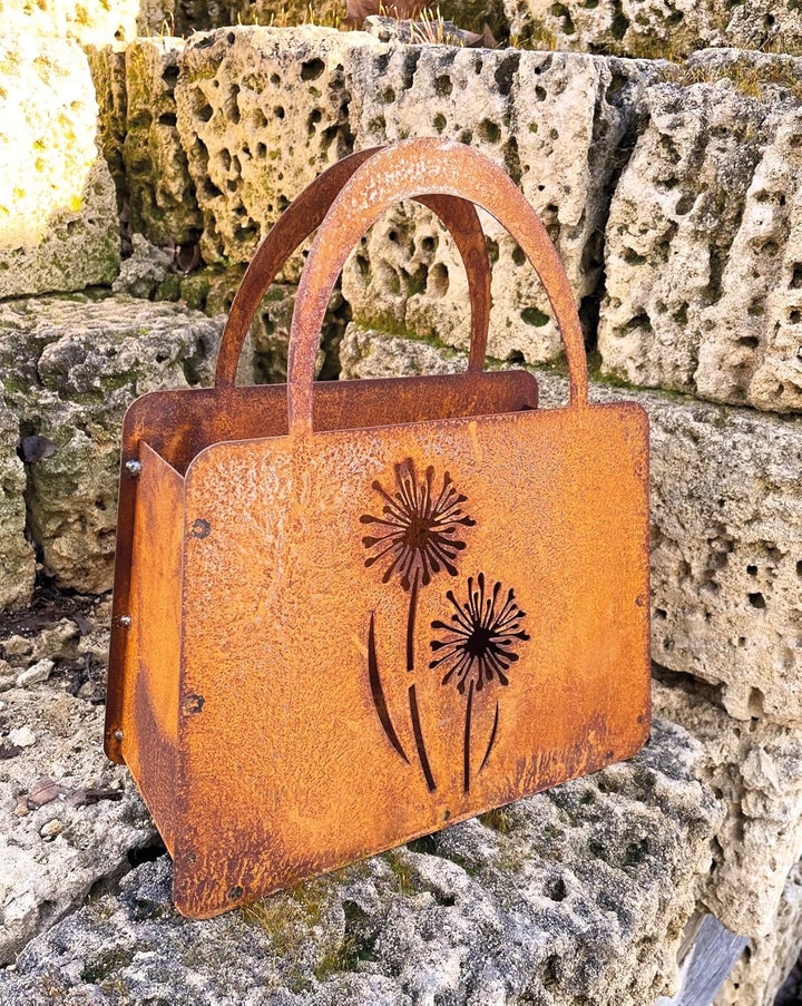 STEINFIGURENWELT GIEBEN Edelrost Handtasche mit 2 Blumen 27x32cm Tasche zum Bepflanzen Rost Pflanzta