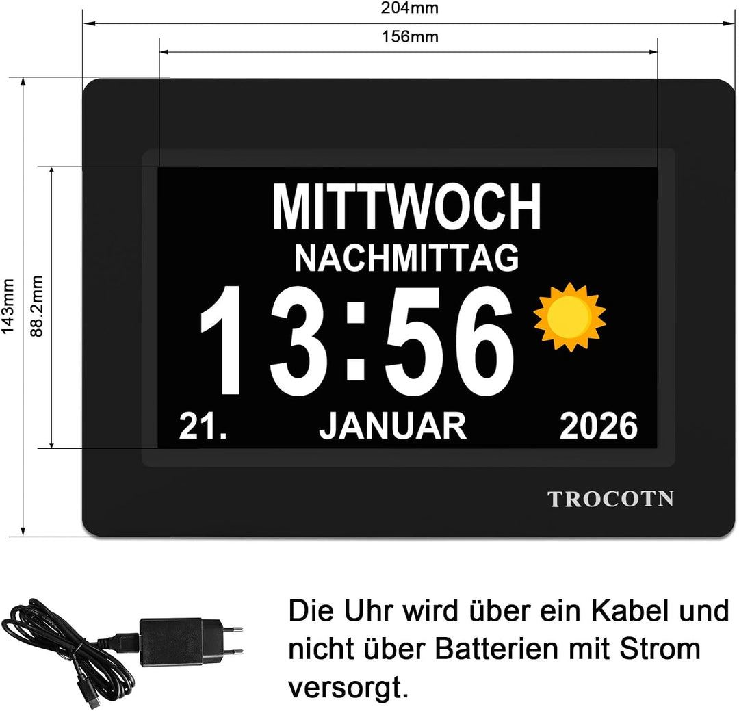 TROCOTN Demenz Uhr Senioren Digitale Uhr Tagesuhr Grosses Display Wecker Wanduhr (Schwarz, 7 Zoll) 7