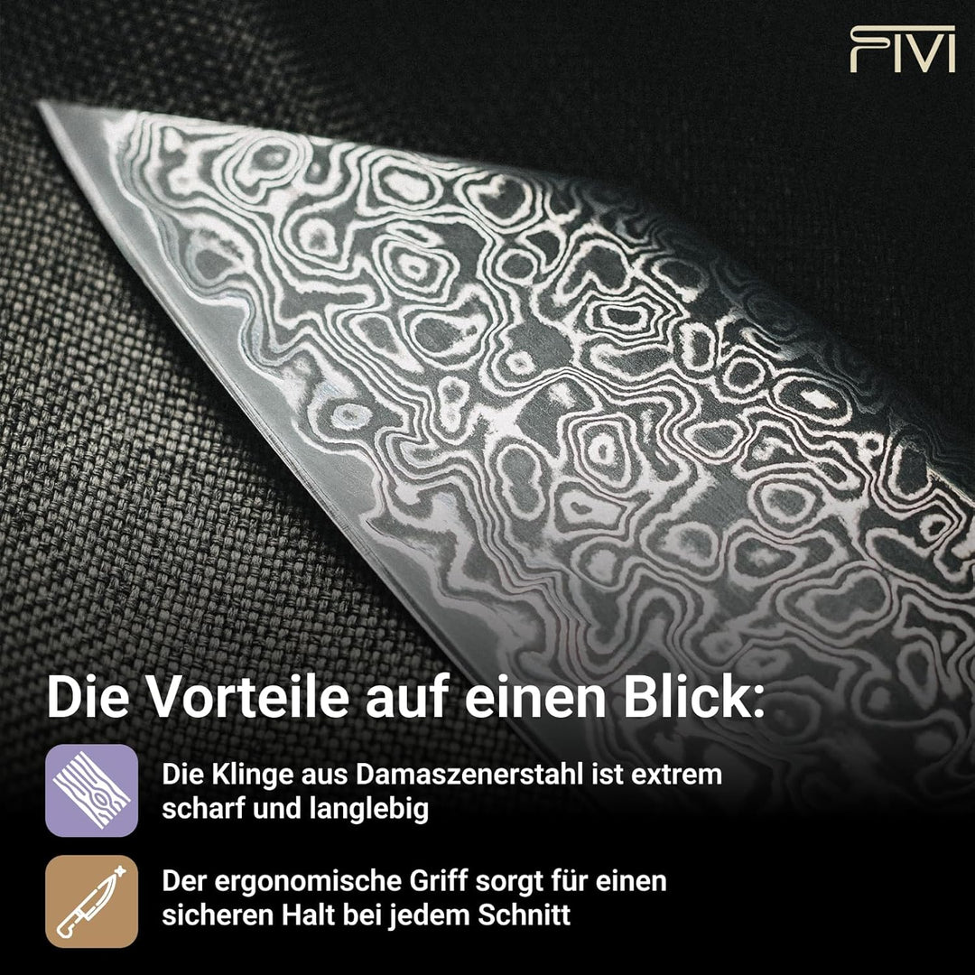 FIVI Damast Kiritsukemesser YUNO | Präzises Küchenmesser aus VG10 Damaszenerstahl (60 HRC) mit Rever
