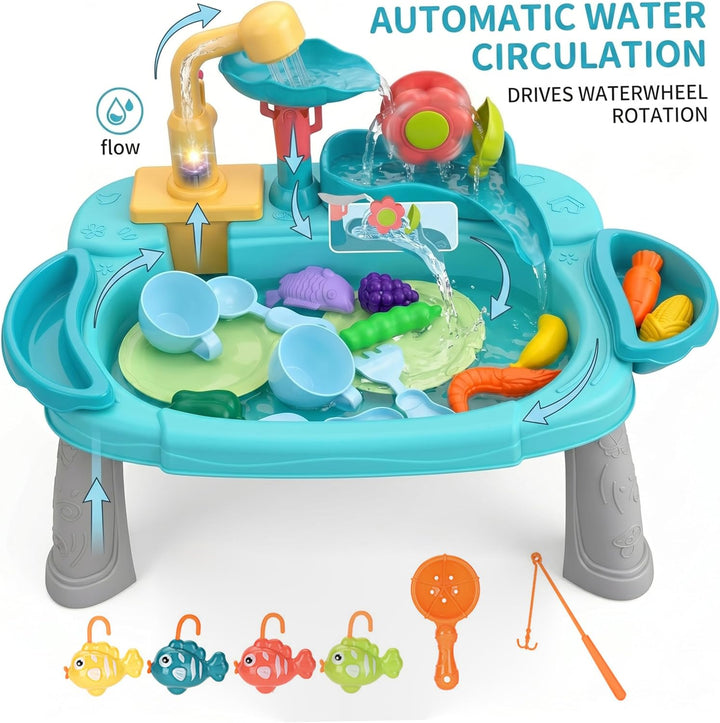 Spielwaschbecken mit fliessendem Wasser, 3-in-1-Spass-Baby-Wassertisch, Waschen und Angeln, Rollensp
