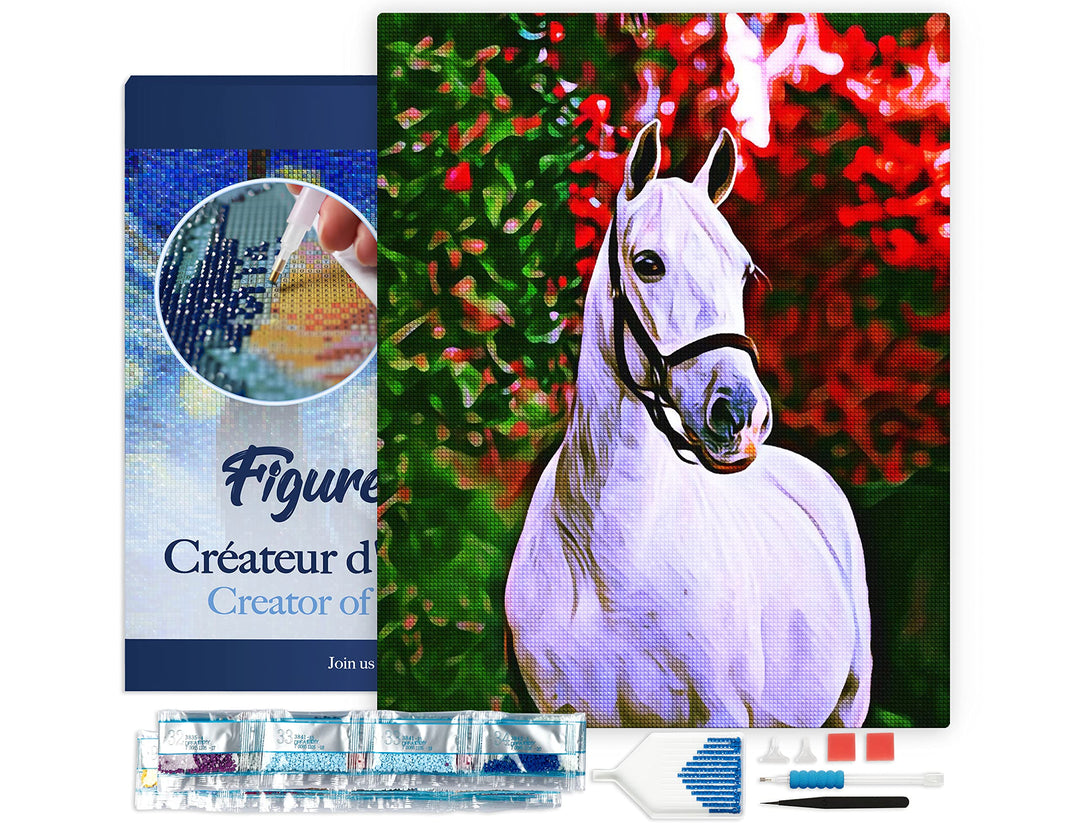Figured'Art Diamond Painting Erwachsene 40x50cm Mit Rahmen Ganze Leinwand gespannt Weisses Pferd 5D