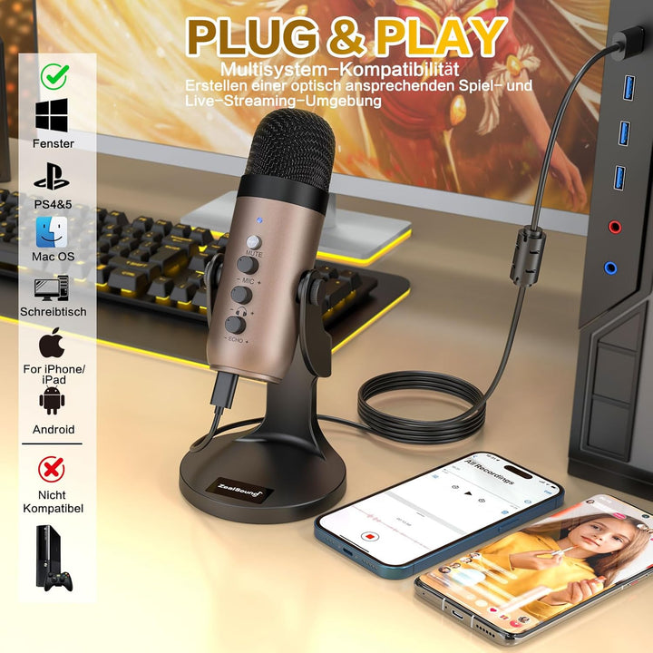 zealsound USB Mikrofon PC, k66 Gold Podcast Mikrofon für PC Handy PS4&5, Kondensator Microphone mit
