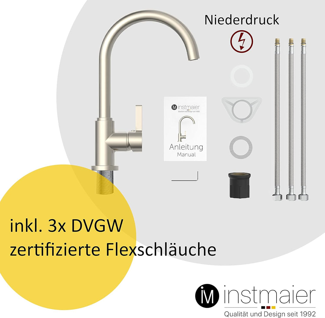 instmaier K3 Niederdruck Küchenarmatur | Wasserhahn Küche Edelstahl | Spültischarmatur mit hohem Aus